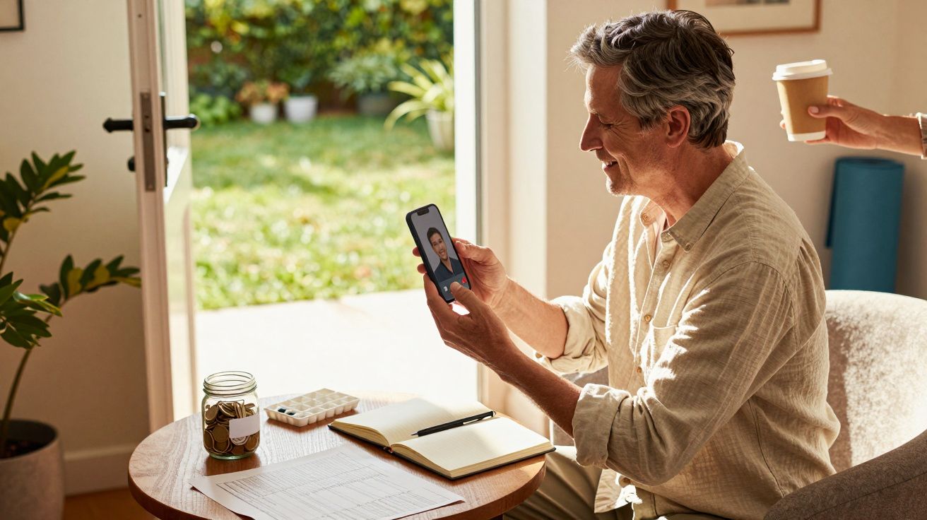 Homem idoso numa videochamada com smartphone, sentado à mesa com caderno e chávena de café. Jardim ao fundo.