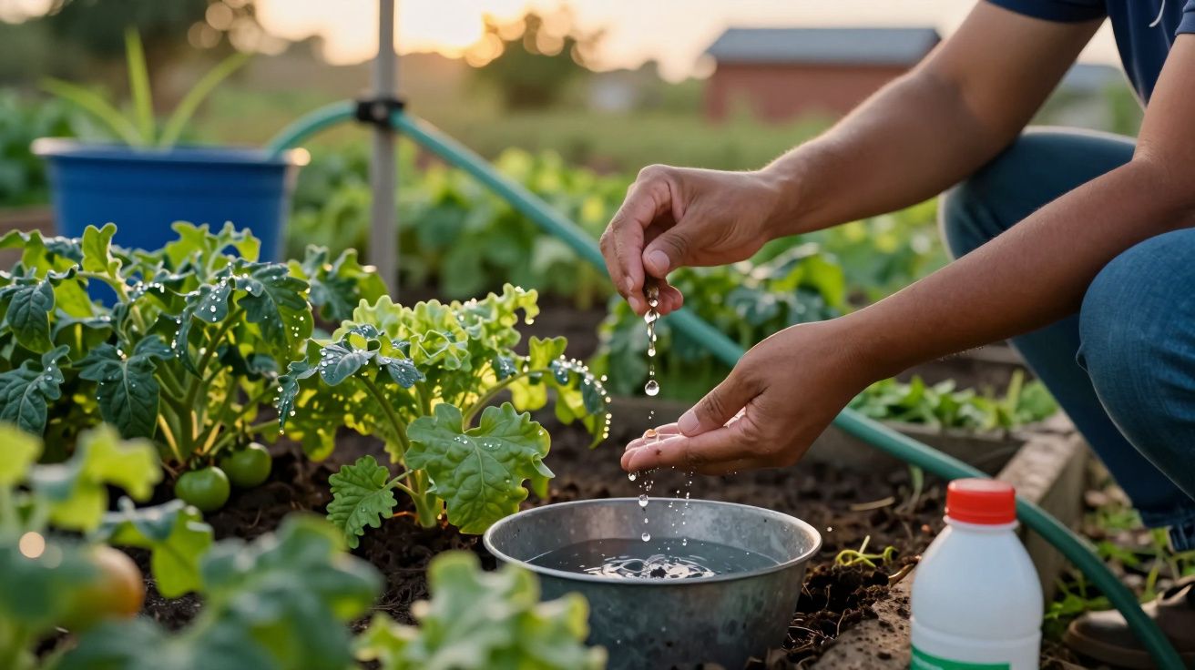 Mãos regando plantas num jardim, com uma bacia de água e um regador ao fundo.