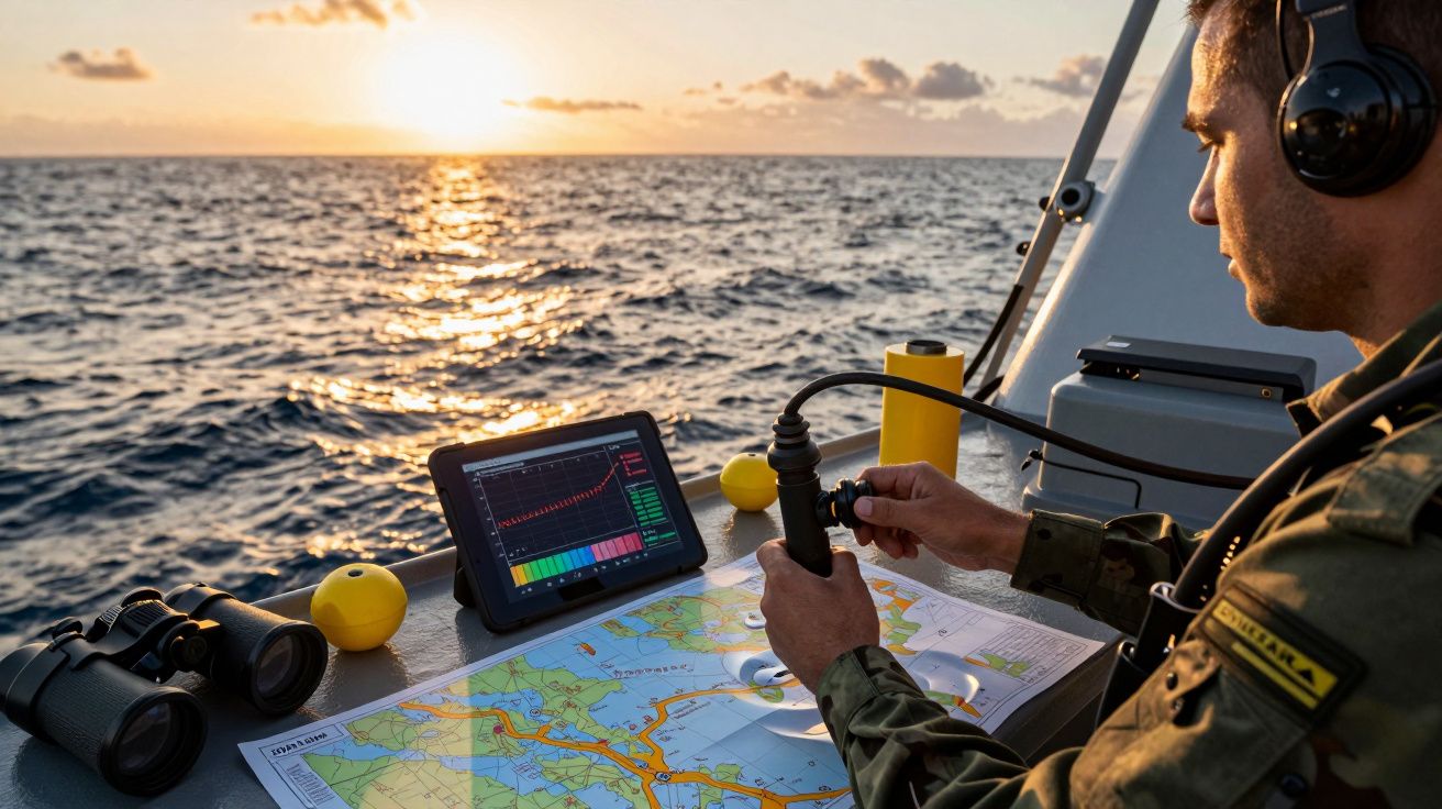 Militar analisa mapas e dados num tablet a bordo de um barco ao pôr do sol.