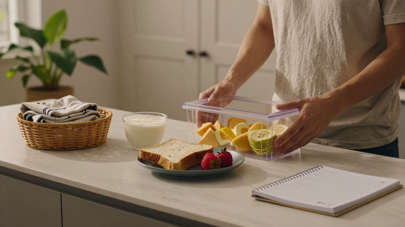 Pessoa a organizar frutas fatiadas numa caixa transparente em cima de balcão, ao lado de um prato com torradas e iogurte.