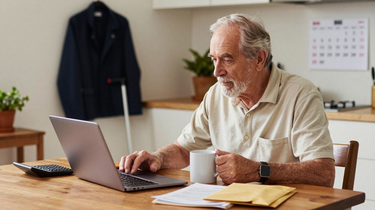 Homem idoso de barba usa portátil numa cozinha, segurando uma chávena. Roupa pendurada e calendário ao fundo.
