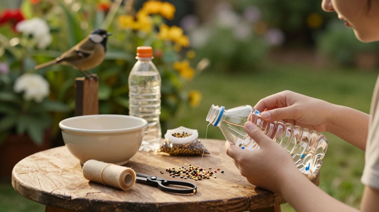 Pessoa fazendo uma comedouro de pássaros com garrafa de plástico em mesa de madeira, com pássaro e flores ao fundo.