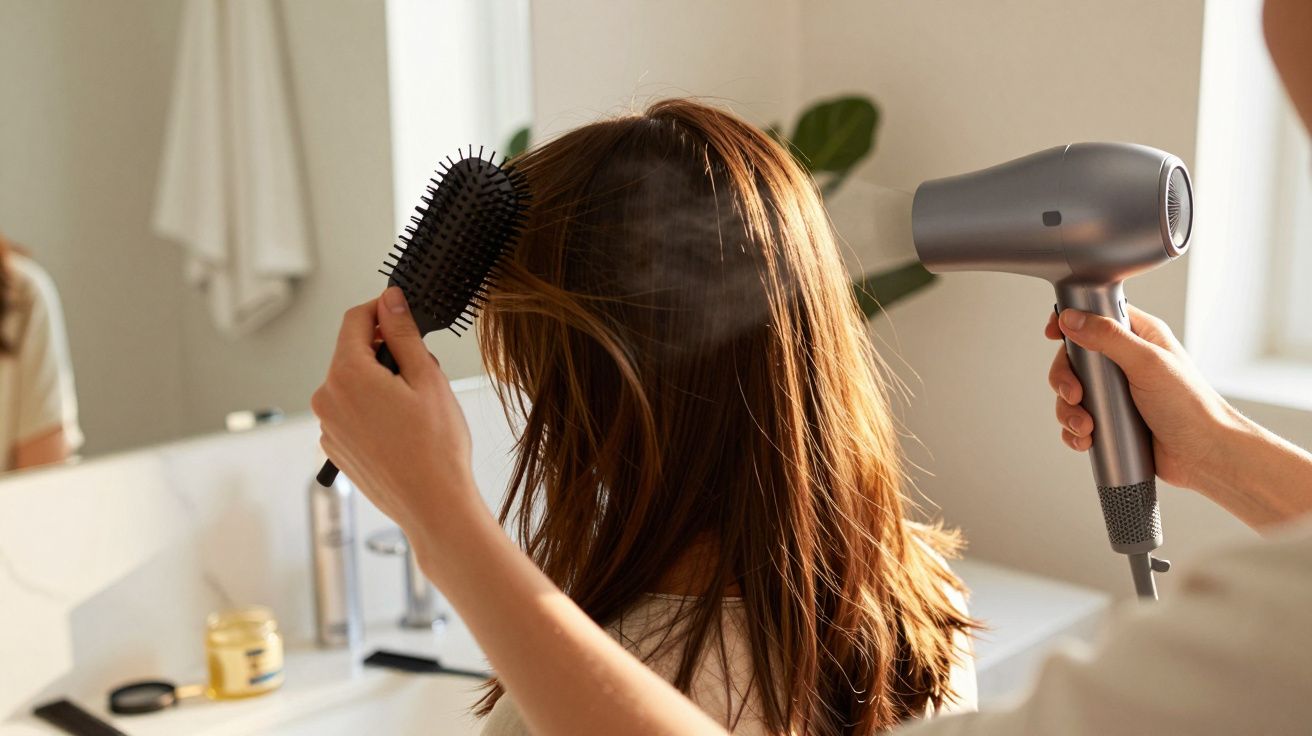 Mulher a secar o cabelo com um secador prateado, enquanto segura uma escova, em frente a um espelho numa casa de banho.