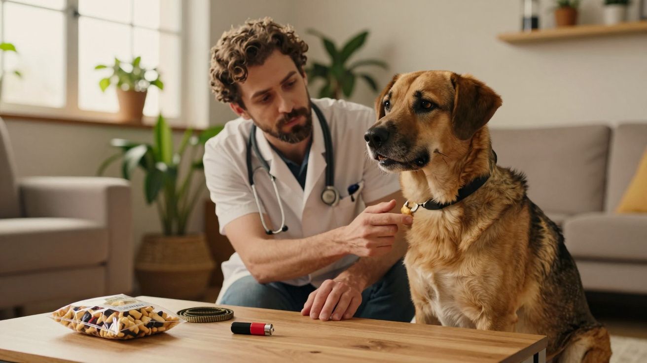 Veterinário examina cão sentado numa sala de estar com tostas e trela sobre a mesa.
