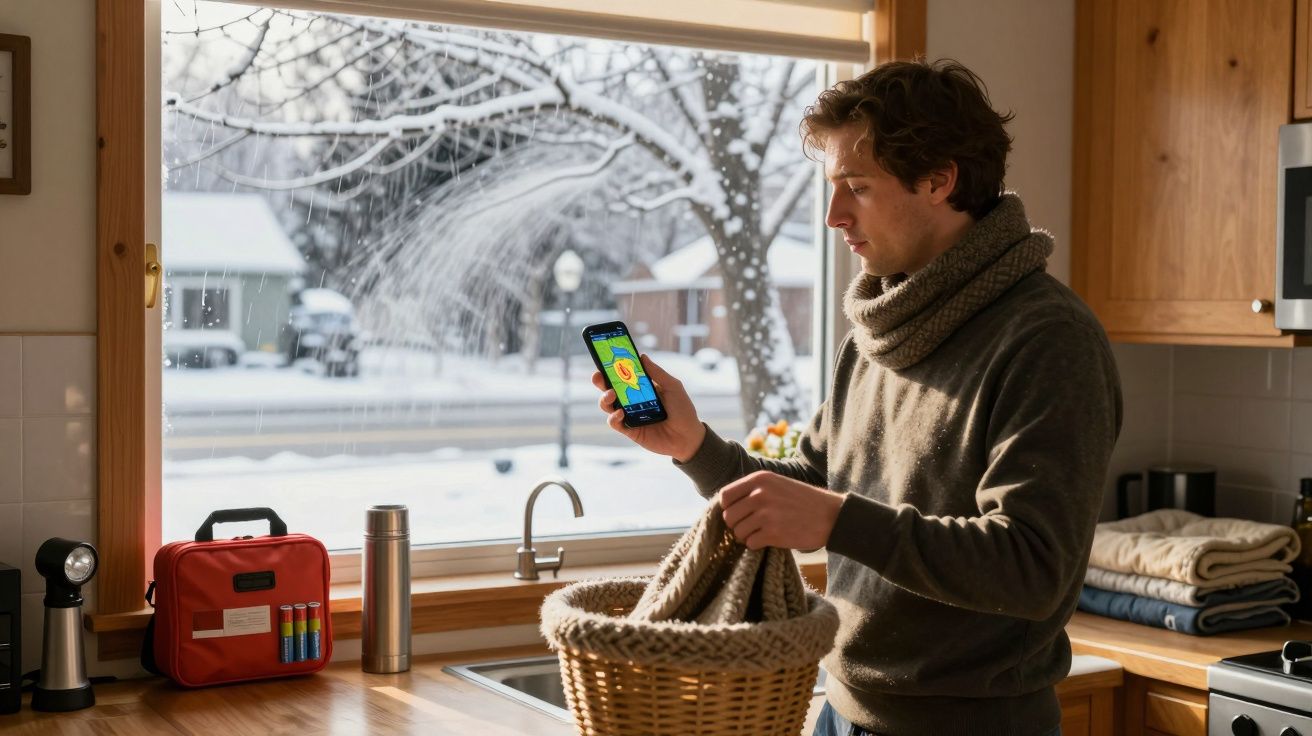 Homem segurando cesto na cozinha com neve lá fora, olhando o telemóvel que mostra uma imagem térmica.