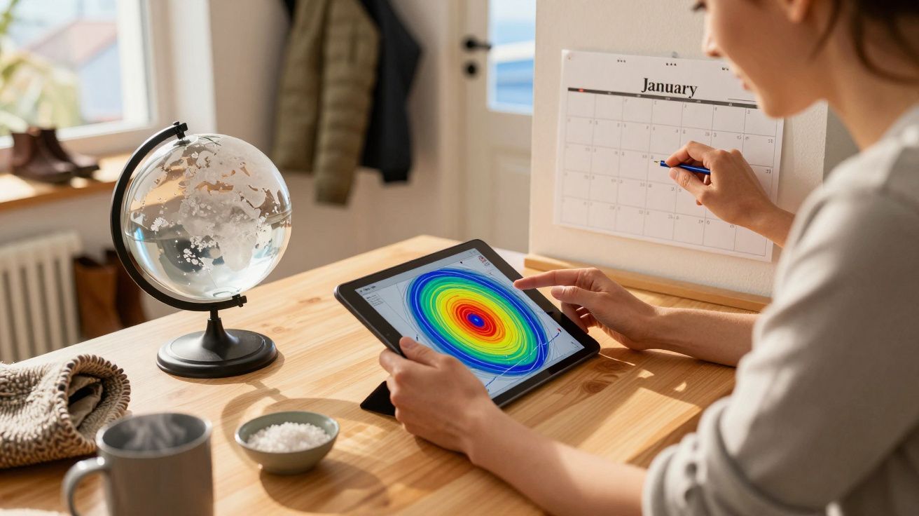 Mulher usando um tablet com mapa de calor numa secretária de madeira, ao lado de um globo e um calendário de janeiro.