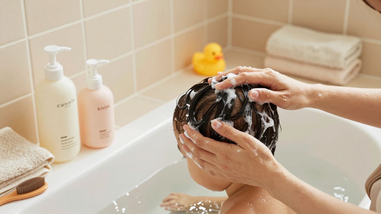 Pessoa a lavar o cabelo de uma criança na banheira, com patinho de borracha e produtos de banho ao fundo.